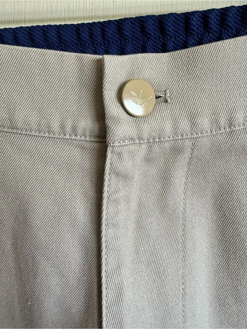adidas Khaki Joggers with Navy Side Panels and White Stripes